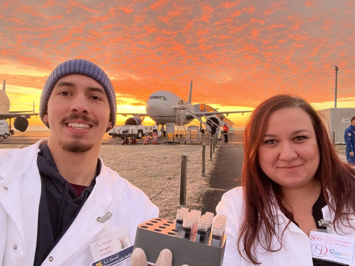 drexelnano's tweet photo. #MXenes in space?? Someday soon! @DrexelUniv PhD candidate Benj Chacon joined the 83rd @esa #parabolicflight campaign with the HydroG project, joining Marie Curie fellow and DNI alum Dr. Laura Fusco. Their experiment explores the #biomedical applications of MXenes in space. https://t.co/leW0ioAGIk