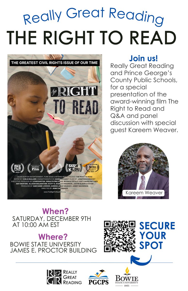 ReallyGreatRead's tweet image. Really Great Reading and Prince George’s County Public Schools invite you to attend a presentation of the award-winning film, &apos;The Right to Read.&apos;

⏰  Saturday, December 9th 10:00 am ET
🏫  Bowie State University - James E. Proctor Building

REGISTER: hubs.ly/Q02b_c6z0