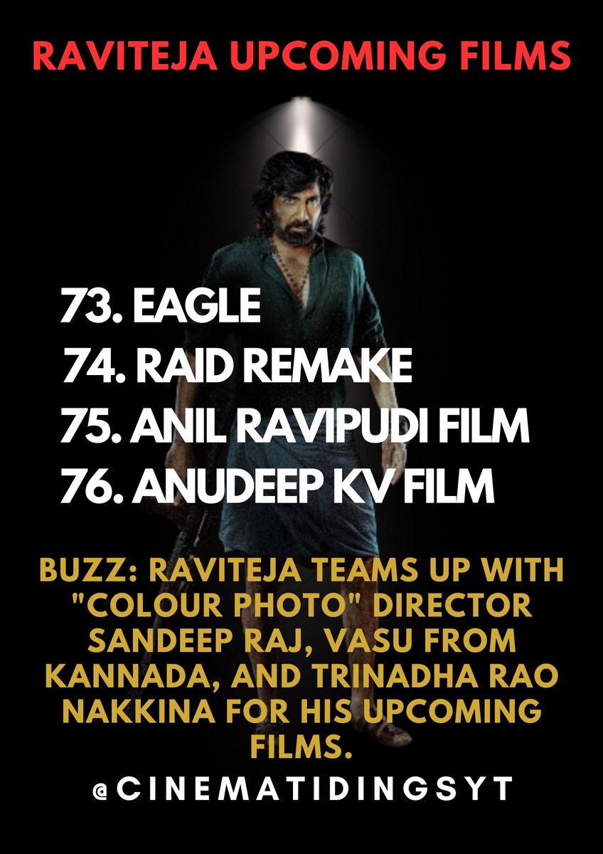 #Raviteja upcoming films, he is always busy Actor 🎥🍿

-Hope #RT4GM will happen soon.

#Eagle #RT74 #RT75 #RT76 #RT77 #RaidRemake