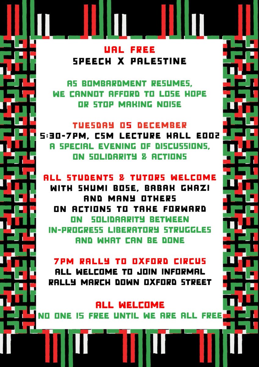 “Free Speech x Free Palestine” open discussion on in-progress liberatory struggles and what can be done - tonight at CSM ❤️💚🖤🤍