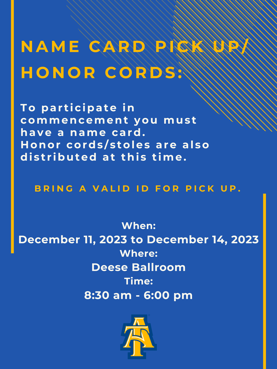 🎓 Attention, grads-to-be! 🎓 It's mandatory! Name Card Pick-Up Event is Dec 11-14, 8:30 AM - 6:00 PM. 📅 Come get your name card, honor cords (if eligible), and enjoy music, networking with employers, and fabulous giveaways! 🎉 Don't miss this crucial event!