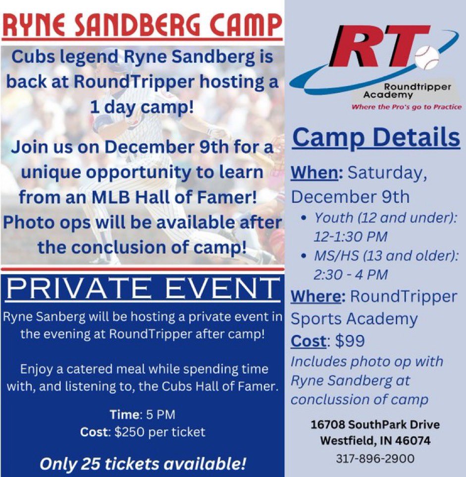 Our Ryne Sandberg youth camp is this Saturday‼️ We still have limited spots available, sign up now‼️

Visit roundtripper.com and click Client Login to sign up