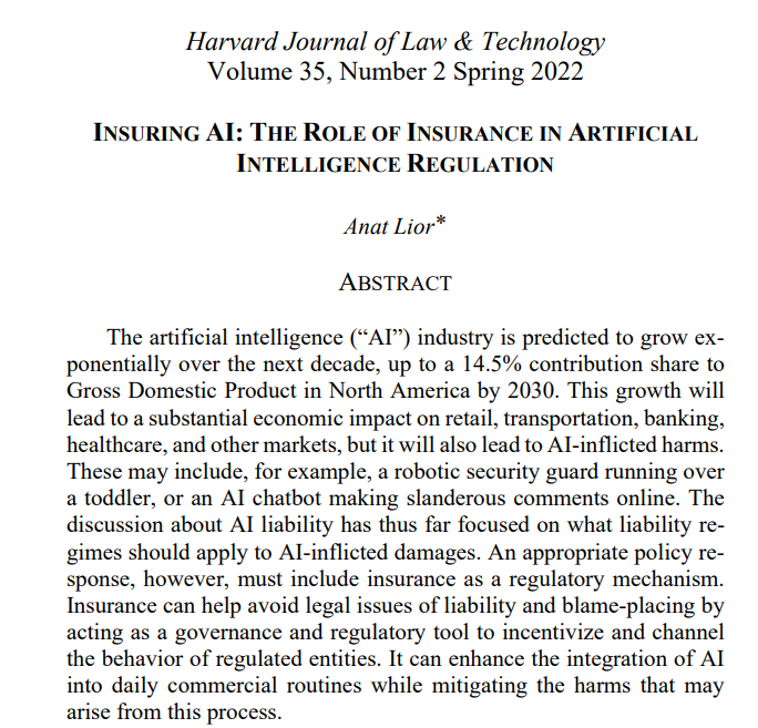 Just finished interviewing <a href="/AnatLior/">Anat Lior</a> for the AI Risk Lecture Library.

We discussed the history of insurance, the trade-offs of different liability regimes, &amp; how insurance could mitigate AI risks. 

Be sure to read her work &amp; to reach out if you want to join this effort.