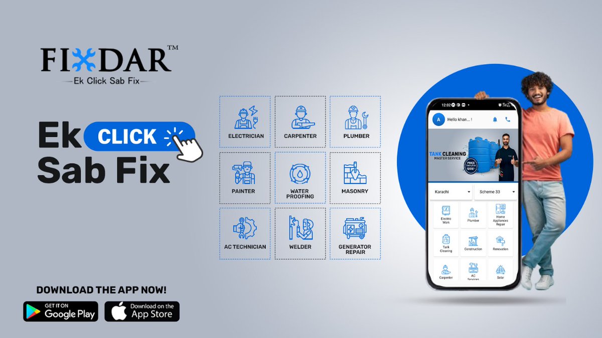 FixDar's tweet photo. Download FixDar App Now &amp; Avail Over 30 Home Maintenance Services At Your Doorstep.
#sofacleaning #cleaning #cleaninginkarachi #sofaclean #electric #plumber #homemaintenance #home #karachi #fixdar #carpenter https://t.co/1unNAd0CRE