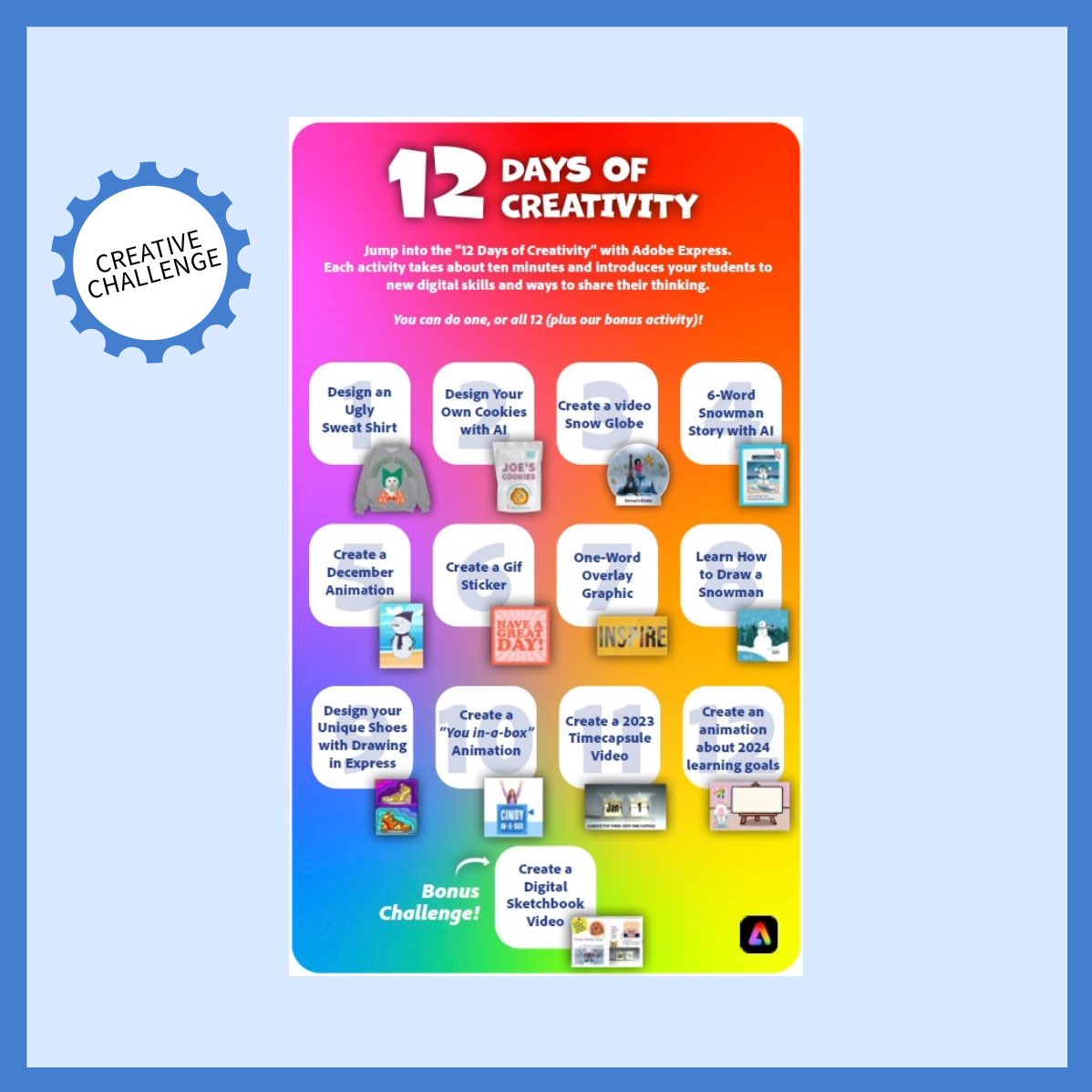 Excited to partner up with <a href="/AdobeForEdu/">Adobe For Education</a> again for their super cool “12 days of creativity “ challenge!

Here’s the link to learn more 👉 adobe.ly/12days

The challenge is happening now! Come join us! 

And share your creation using #AdobeEduCreative