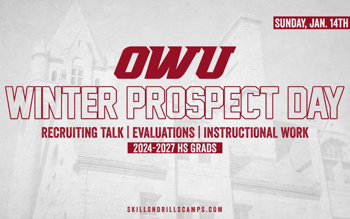 OWU Winter Prospect Day

Great opportunity for high-school players to showcase their abilities to the OWU coaching staff before the spring season!

• Recruiting Talk
• Player Evaluations
• Instructional work

Visit skillsndrillscamps.com for registration and more info