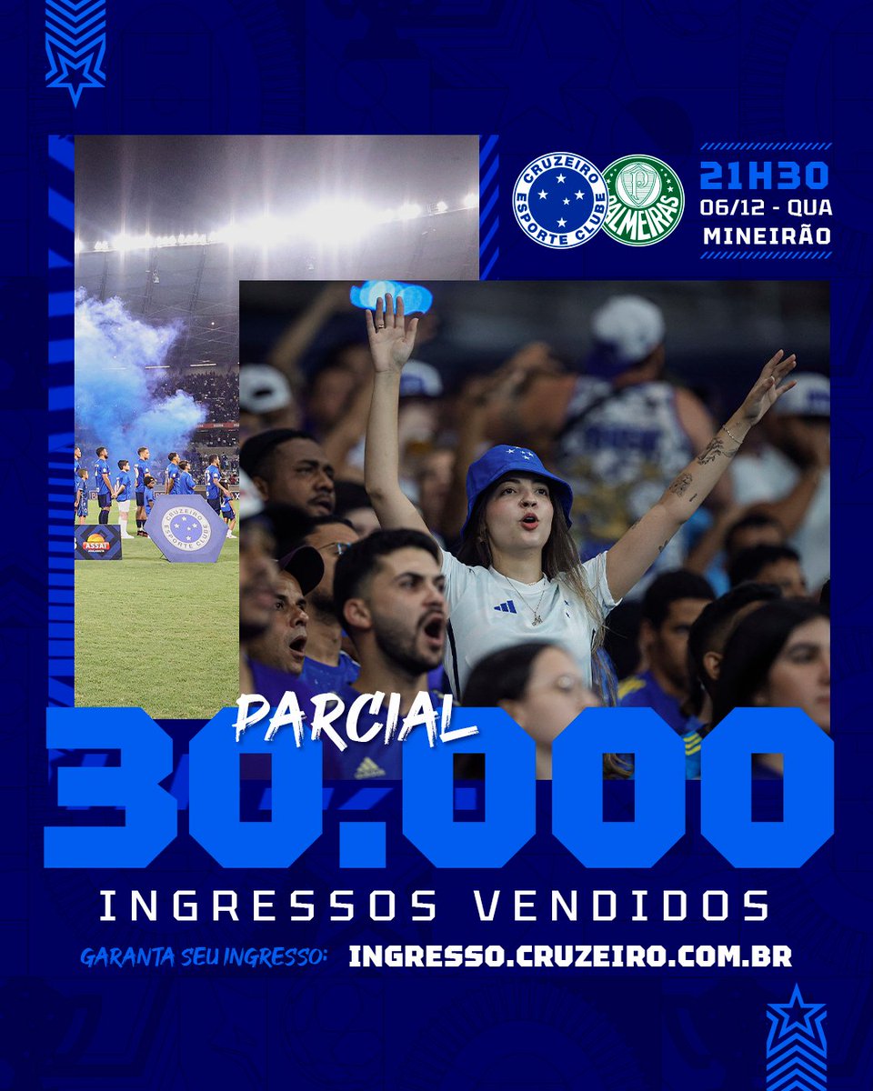 Cruzeiro's tweet photo. Somos 3⃣0⃣ mil confirmados!

Vamos juntos no último desafio do Brasileirão, nesta quarta-feira, no Mineirão! 🏟

🎫 Garanta o seu ingresso em https://t.co/tL8BuKjvOk e no app Nação Azul

#CRUxPAL #FechadoComOCruzeiro