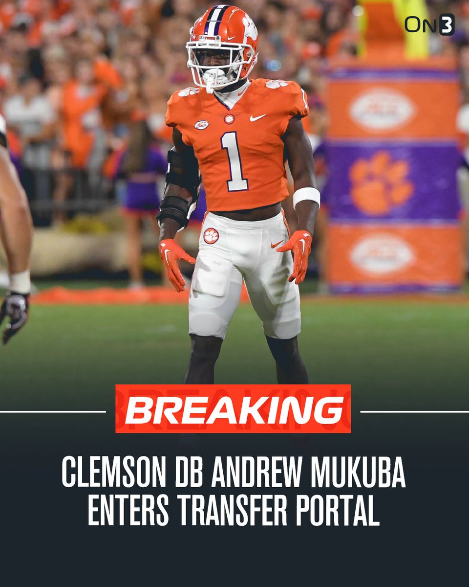 🚨BREAKING: Clemson DB Andrew Mukuba has entered the NCAA Transfer Portal, On3 has learned. 

Mukuba recorded 143 tackles and an INT during 3 seasons with the Tigers. Former Top-50 recruit in the 2021 On300👀

on3.com/transfer-porta…