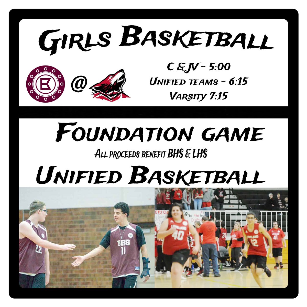 🏀Foundation game tonight at Loveland HS to benefit a great cause. Come watch and support the girls’ and unified teams from both schools. Go Spartans! #RestAtTheEnd