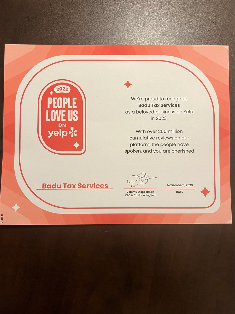 🎉 We're thrilled to announce that Badu Tax Services has been recognized as a Beloved Business on Yelp for 2023! 🎉

Thank you, Yelpers, for your incredible support! 🙏

#BelovedBusiness #Yelp #TaxServices #TaxExperts #StressFreeTaxSeason #BaduTaxServices