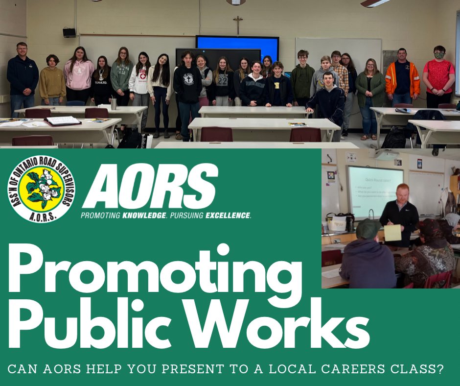 Promoting an exciting career in municipal public works takes all of us!
 
If you would like to present to your local secondary school’s Careers course and would like some assistance, contact AORS today!

#onmuni #localgov #publicworks #onted #careers