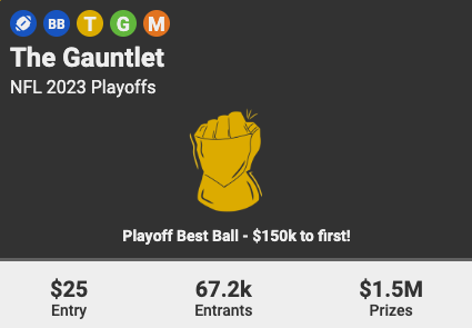 UnderdogDrafts's tweet photo. The Gauntlet is LIVE 🏈

$25 to Enter
$1.5M in Prizes
$150k to 1st Place https://t.co/X2MI6Abxmz