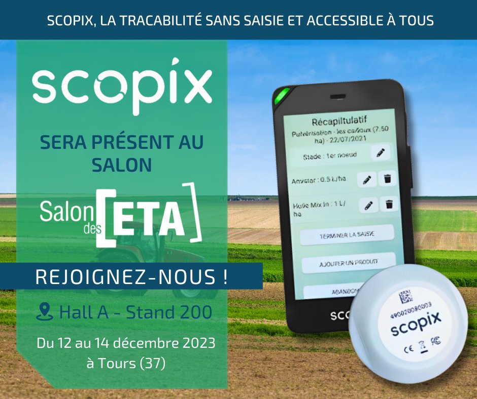 La grande date approche ! 🚜✨

Dans 7 jours, retrouvez #scopix au #SalondesETA  au Parc Expo de Tours(37) du 12 au 14 décembre🤝

Découvrez comment #Ortix révolutionne la #traçabilité #agricole et le suivi de travaux pour simplifier votre gestion au quotidien🌱📲

#ETA #salonETA