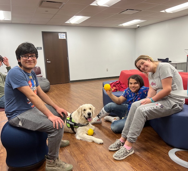 Journey came to visit us from WoofBeach Aurora!  We always love our time with him; it's full of smiles and relaxation for us and lots of pets for him! #BlackhawkPride #ComfortDog