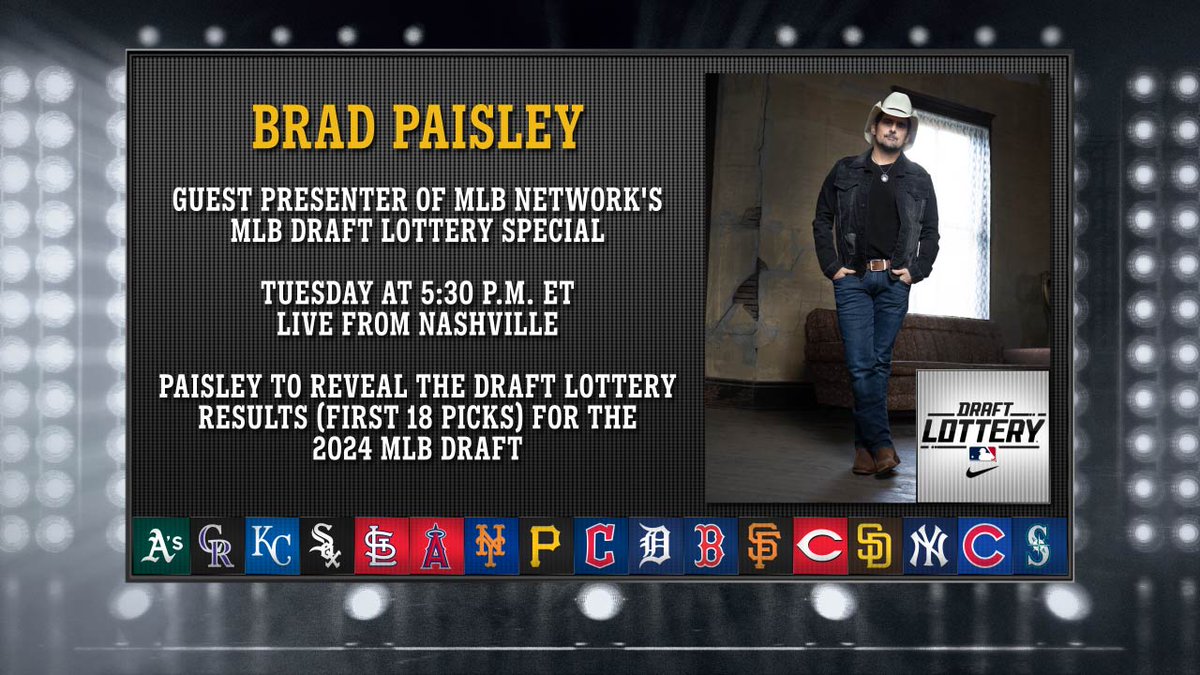 Country music superstar @BradPaisley will join us as a guest presenter at tonight's MLB Draft Lottery! Tune in at 5:30pm ET on MLB Network 📺