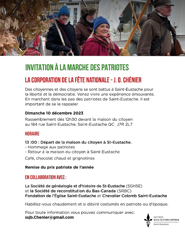 PaysQuebec's tweet photo. ⚜️Marche des patriotes
📅10 décembre 2023 - 13h à #StEustache
(Section Jean-Olivier Chénier de la #SSJB)
Page de l'événement: https://t.co/YIZeNcgZca
#polQc #patriotes #Chenier #patriote #SSJB #SaintEustache #paysQc #Québec https://t.co/z2lVKgbZr5