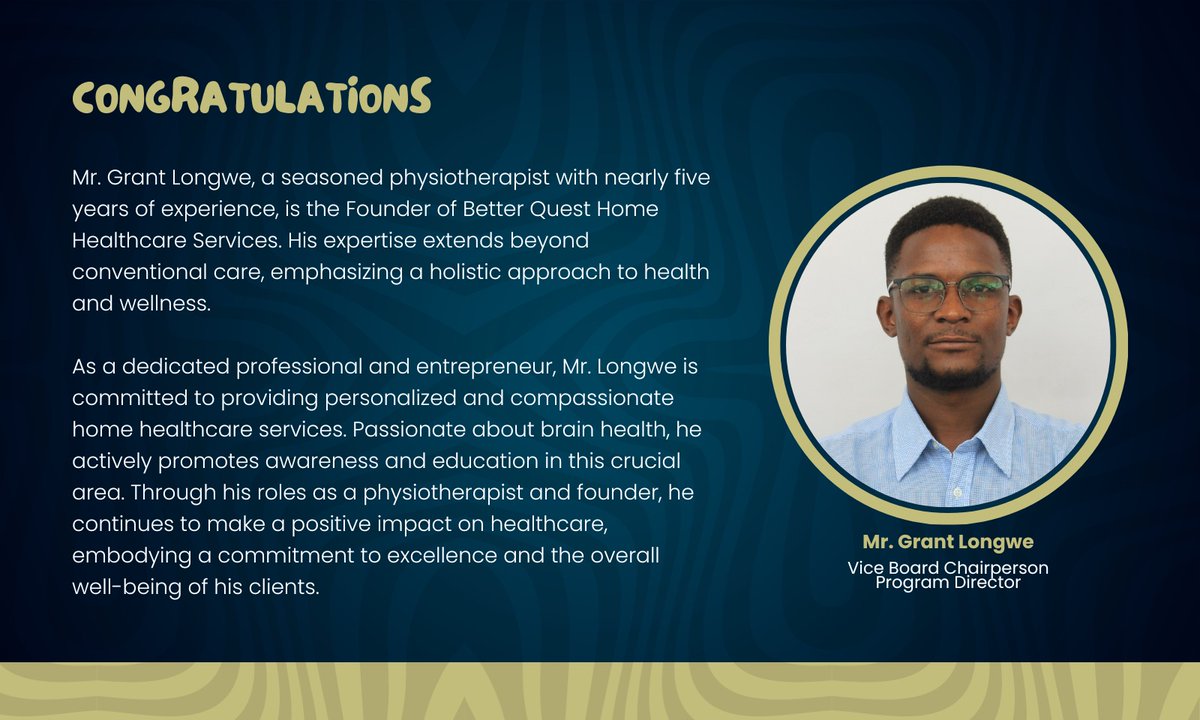 ADDIZambia's tweet photo. 𝐌𝐄𝐄𝐓 𝐎𝐔𝐑 𝐁𝐎𝐀𝐑𝐃 𝐌𝐄𝐌𝐁𝐄𝐑𝐒🍀

Mr. @IAmGrantLongwe, a seasoned physiotherapist with nearly five years of experience, is the Founder of Better Quest Home Healthcare Services and the incoming Vice Board Chairperson of ADDIZ. https://t.co/BkmKeY2Yyg