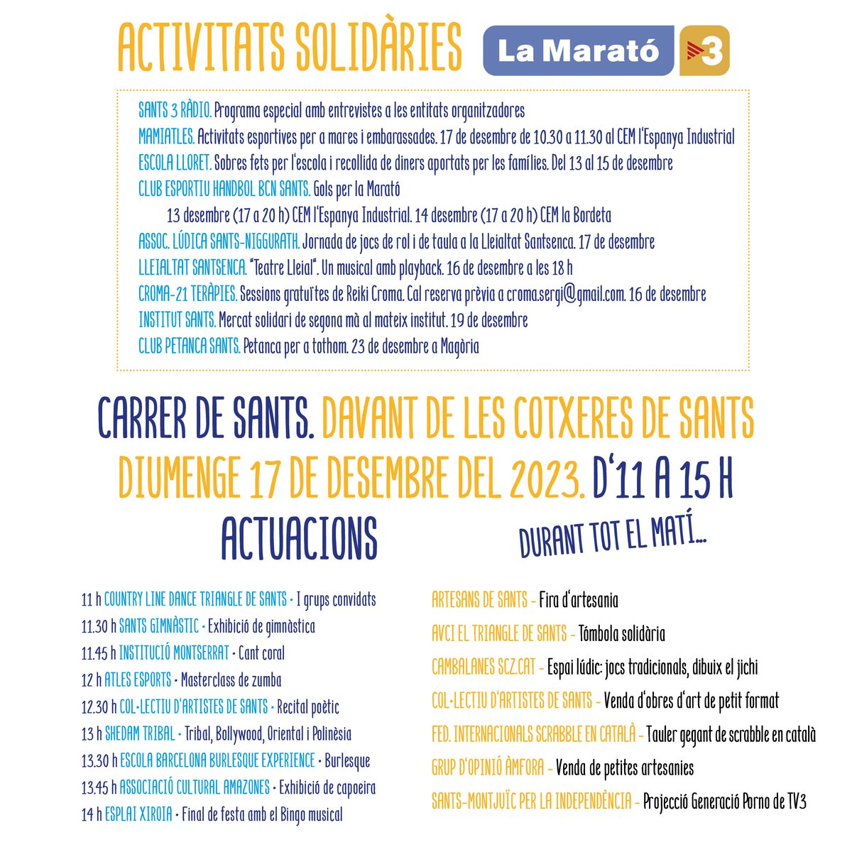 📢Les entitats de #Sants, #Hostafrancs i #laBordeta es mobilitzen per <a href="/la_marato/">La Marató de 3Cat</a>!

Enguany, els diners recaptats es dedicaran a la salut sexual i reproductiva.

L'acte central serà diumenge 17 de desembre d'11 a 15 h davant de les #Cotxeres.

❤️Som la força de les entitats!