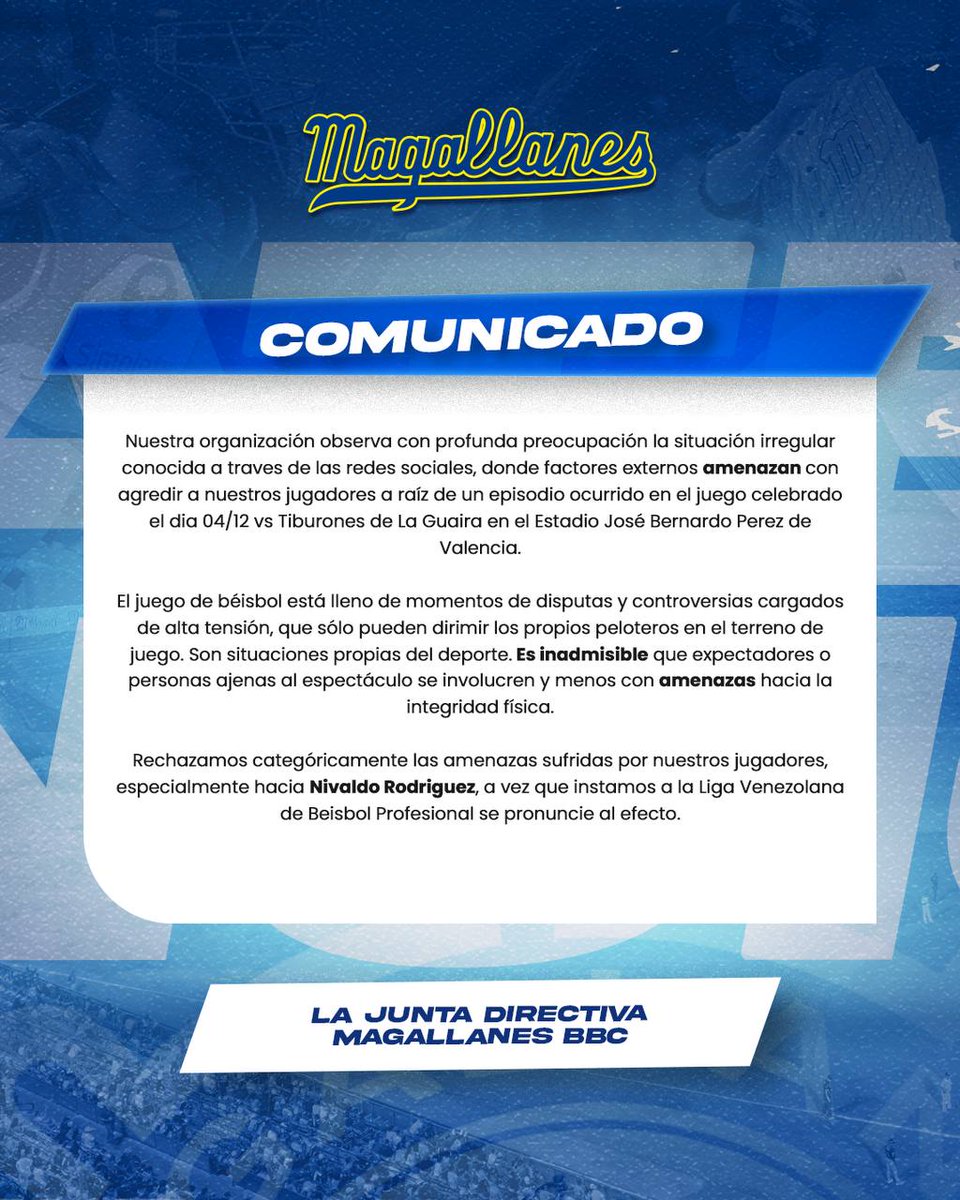 Comunicado de los Navegantes del Magallanes expresando su rechazo a las amenazas del padre de Ronald Acuña a Nivaldo Rodríguez. Bien por los Navegantes. Cosas así no se pueden tolerar