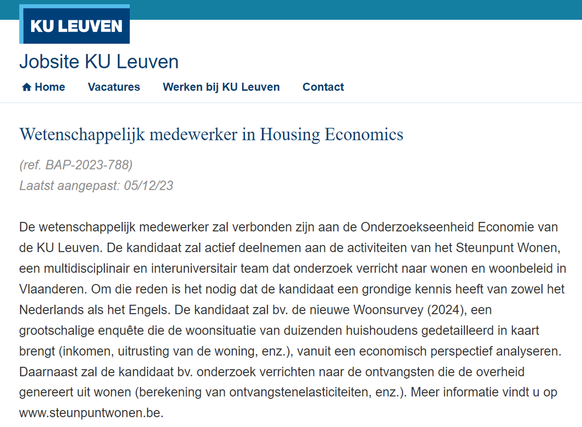 Vacature 📢: Wetenschappelijk Medewerker Housing Economics Het team van Prof. Erik Buyst is op zoek naar een wetenschappelijk medewerker om samen onderzoek te verrichten binnen het @SteunpuntWonen. Bekijk alle details op kuleuven.be/personeel/jobs…. #SharingIsCaring