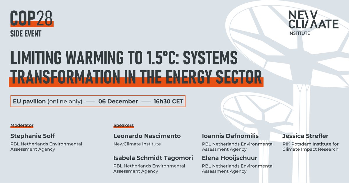 Register and join us today for the #COP28 EU online side event: ⏰ 13:30 pm GST / 16:30 pm CET 📌 Register ➡️: bit.ly/EU_side_event 👥 various, incl NewClimate's @ClimateLeo, @nlenvironagency and @PIK_Climate