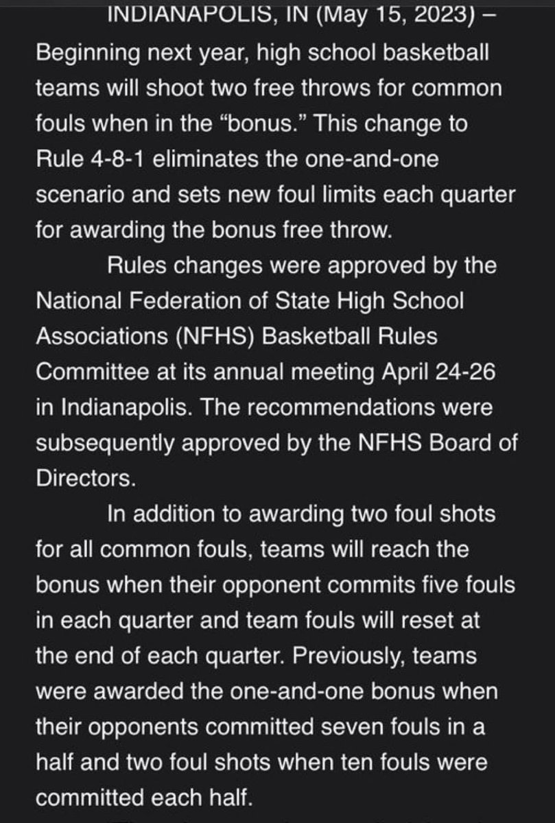 dppg_network's tweet photo. Don’t forget there is a NFHS rule change. One-and-one free throws are no longer available, two free throws after a team reaches five (5) team fouls. Team fouls will reset after each quarter now too, not each half. Thoughts on this?

#NHIAA #basketball #HighSchoolSports https://t.co/KtT2GdzWTL