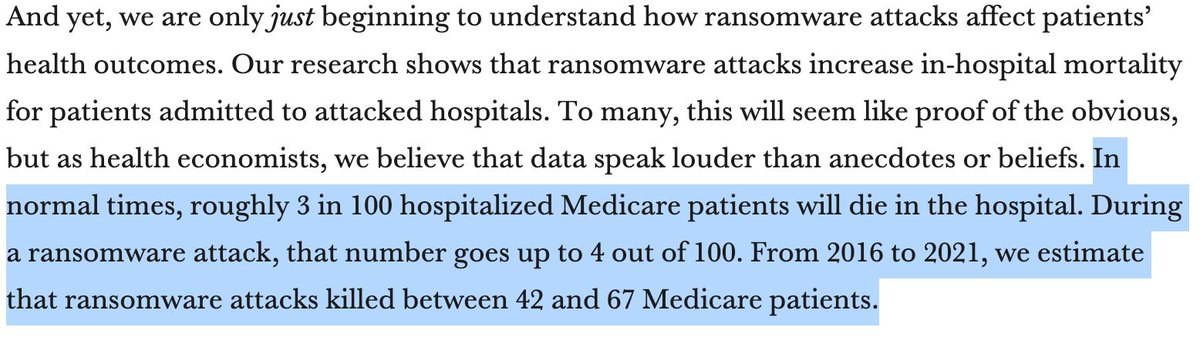 Hospital #ransomware have a huge impact on patient mortality, it turns out. WHO KNEW?? 42-67 deaths in just patients covered by Medicare in the US, not those covered by other insurance or those in other parts of the world. Cybersecurity is healthcare. buff.ly/3RgZAoO
