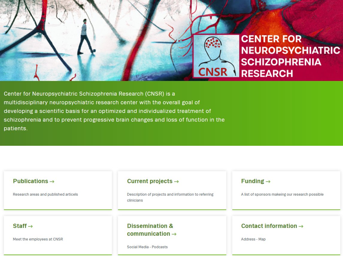 🎉 Exciting Update! Our new website for the Center for Neuropsychiatric Schizophrenia Research (CNSR) is now live! 🌐
 
Explore our research projects, meet our team, and access resources in the field of neuropsychiatric schizophrenia research at cnsr.dk 🚀🌟