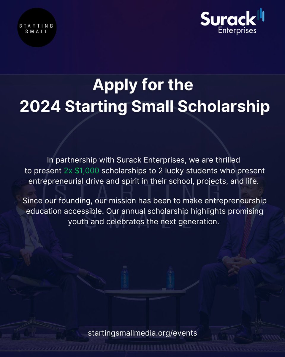 Apply for the 2024 Starting Small Scholarship now! docs.google.com/forms/d/e/1FAI…

#scholarships #startingsmallscholarship #startingsmall #Entrepreneurship
