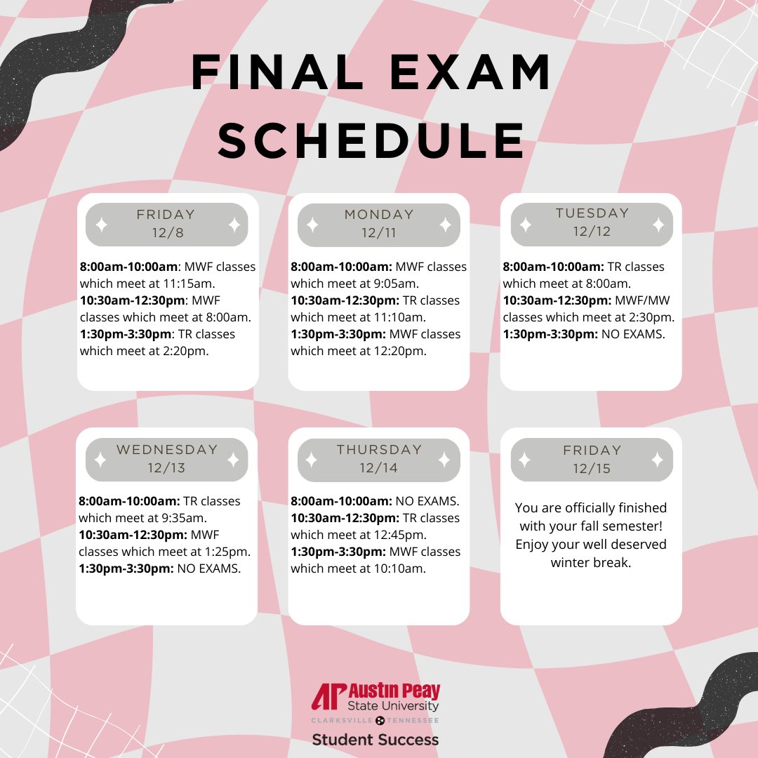 APSUSuccess's tweet photo. Final Exam Schedule ‼️
Here is the schedule for finals week. If your professor has let you know you have a final during this week, make sure you review the schedule to see when that final is scheduled.
#APSUSuccess https://t.co/EvIjfmPlex