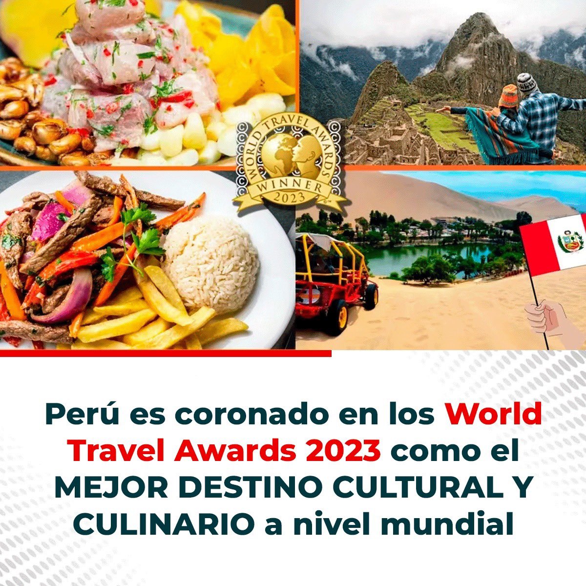 🔴Buena noticia 
Perú triunfó en los Word Travel Awards 2023 como el mejor destino cultural y culinario a nivel mundial. Por undécima vez, nuestro país gana el mejor destino culinario y por quinta vez el mejor destino cultural.