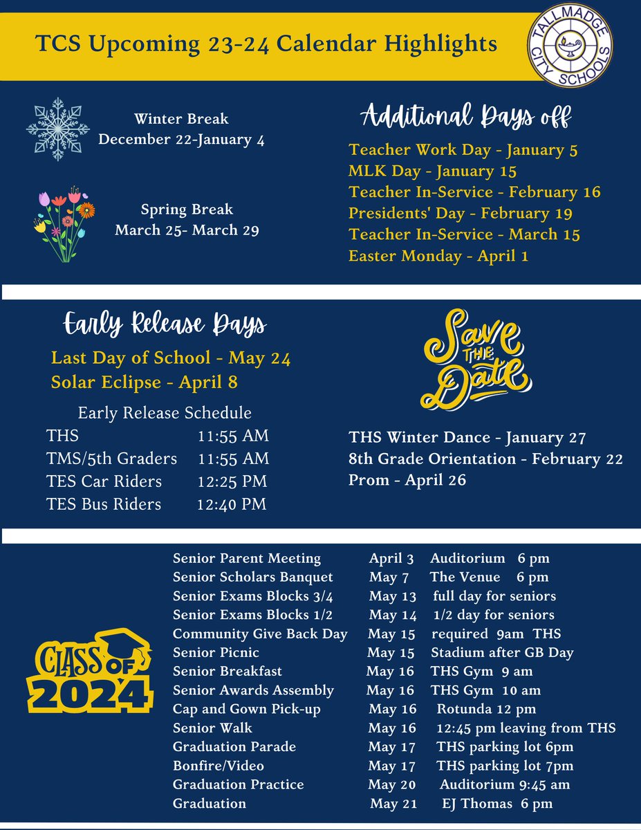 Here are the important dates for the remainder of the 23-24 school year. ** Edit to winter dance date **Senior parents - please keep in mind that you will get additional detailed information regarding senior activities when you attend the senior parent meeting on April 3**