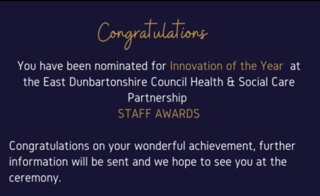 Absolutely delighted to be nominated for Innovation of the year, alongside my lovely SLT colleague @JLaneSLT for our work on the Children’s Occupational Self Assessment-Talking Mat. Lovely start to the week! @nhsggcscs @nhsggcmhot @nhsggcots @thercot @rhcglasgow @Ahpscot #MOHO