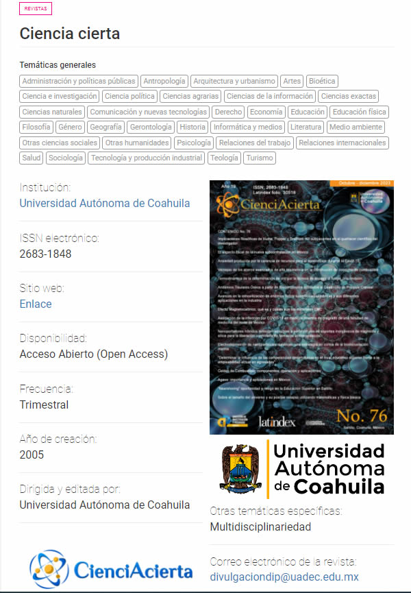 DIP_UAdeC's tweet photo. La Revista CienciAcierta forma parte del directorio de #LatinRev https://t.co/015rzKkQF7 https://t.co/D2UHGFudr5