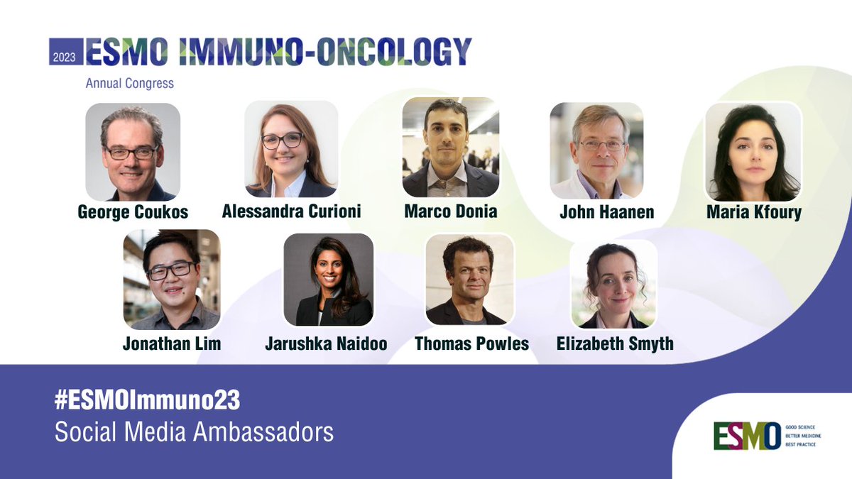 #ESMOImmuno23: Stay abreast of the latest #ScientificFindings in #ImmunoOncology thanks to the #ExpertInsights brought to you by the ESMO Social Media Ambassadors. Keep an eye on these accounts & become part of the conversation. 📌ow.ly/tGsJ50QfyGe