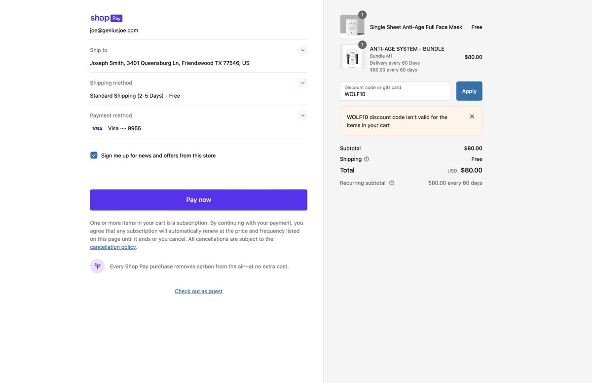 joecarsonsmith's tweet photo. @wolfproject_co Your cart system is messed up!  Your Anti-Age System Subscription says it is $69.60, but then shows up as $80 in the cart.  Also, I signed up to save 10%, and then your cart says it isn't a working code.  

FIX YOUR PAGE.  

No customer service e-mail either. https://t.co/WUgWhgruhF