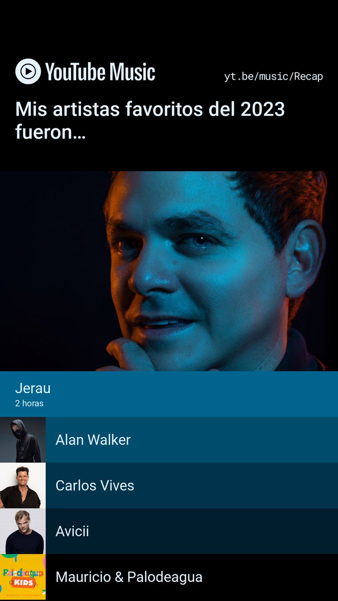 Impensado que el artista que más escuché en #Youtube fuera <a href="/jeraucolombia/">JERAU</a>; creí que Avicii y Alan Walker estarían más arriba en el top. Definitivamente tuve el «Feeling» con Jerau.

Mira mi #YouTubeMusicRecap del 2023. Encuentra el tuyo en yt.be/music/Recap