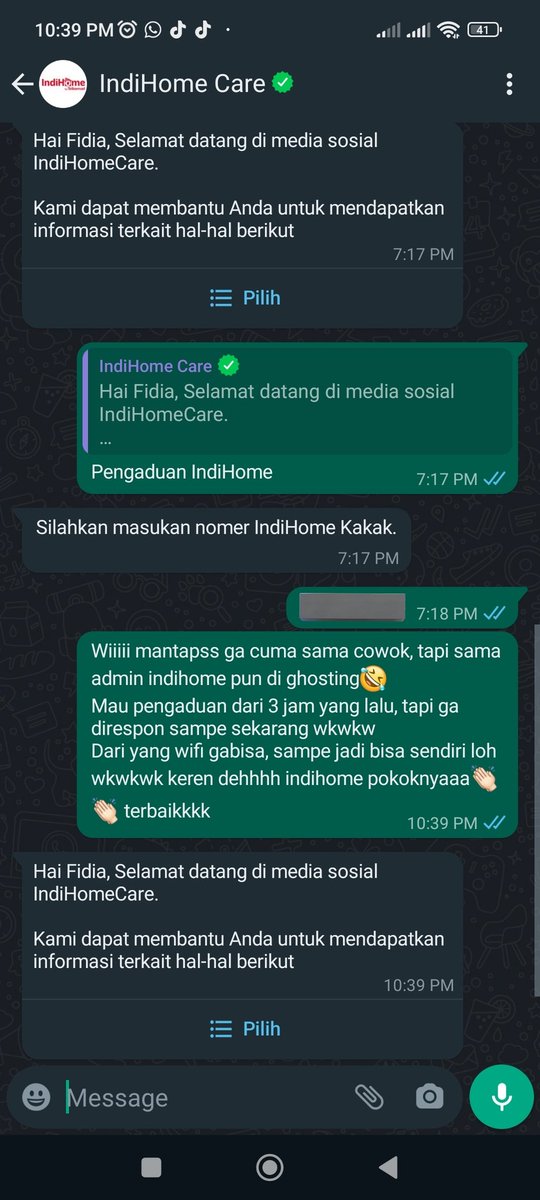 kkhayii's tweet photo. Hari ini dighosting sama admin @IndiHomeCare di wa😆👏🏻👏🏻👏🏻👏🏻 https://t.co/W0fDsd1qQ3