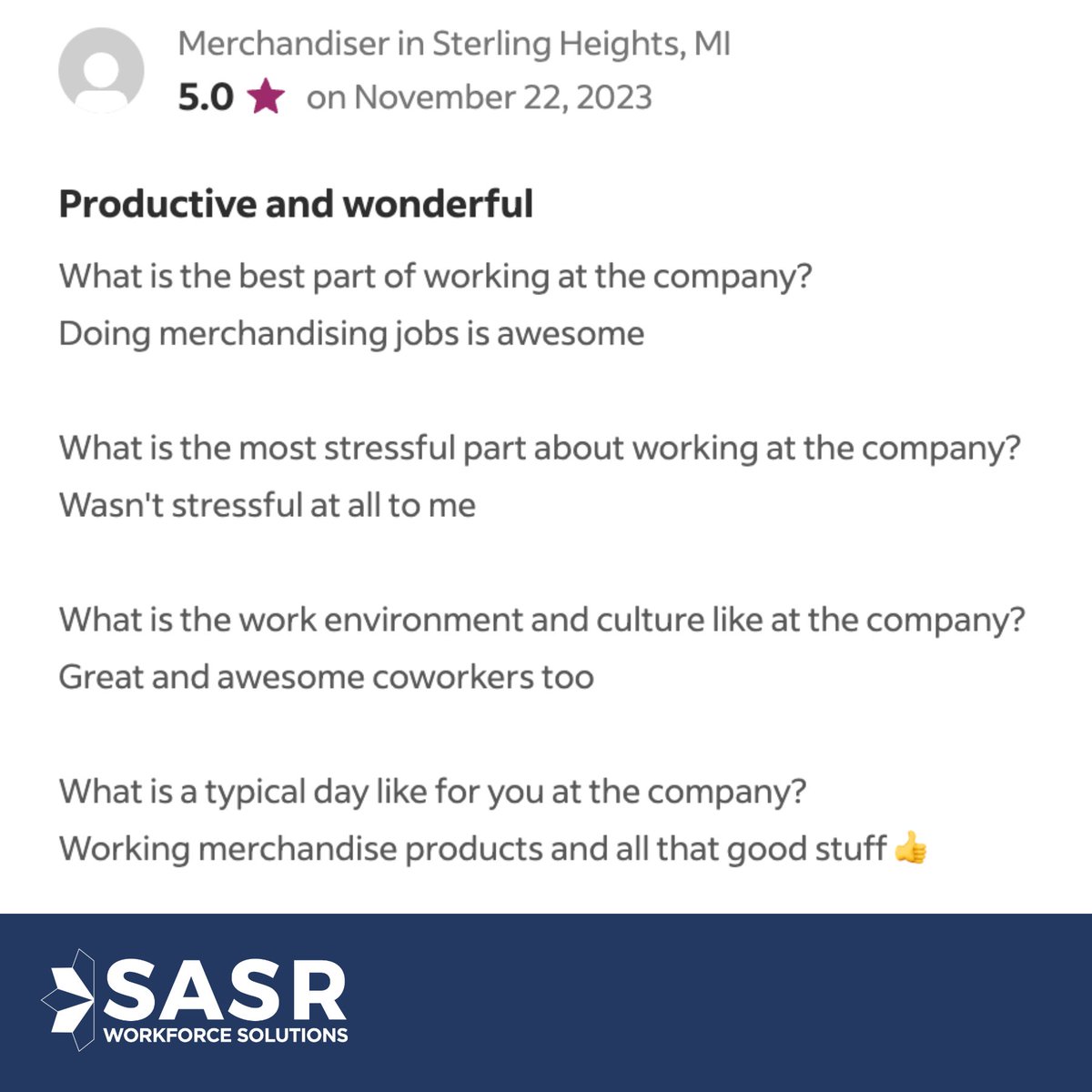 Shoutout to our amazing field team member for this review! We offer local and traveling jobs with leading brands such as Walmart, Dollar General, Best Buy, and many more. Click the link in our bio to learn more! #Hiring #NowHiring #TravelJobs.
