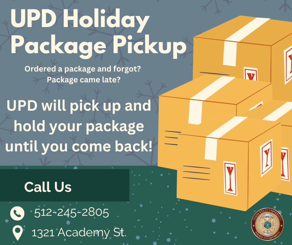 Happy fall break Bobcats! Have you gone home for the holidays and forgot you ordered a package, sent it to the wrong address, it came late, or whatever the occasion; UPD is here! Give us a call and we will pick up and safely store your package until you are able to pick it up!