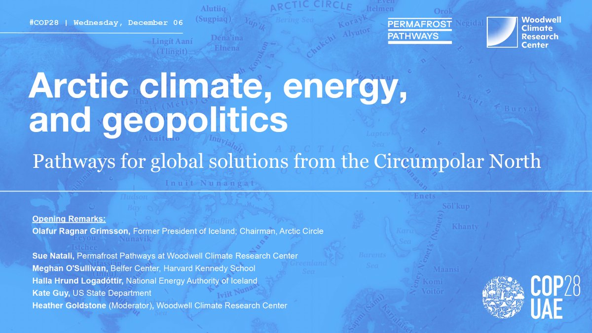How are #Arctic nations forging new climate pathways in the face of geopolitical uncertainty? Join 
<a href="/_Arctic_Circle/">Arctic Circle</a> Chair <a href="/ORGrimsson/">Ólafur Ragnar Grímsson</a>, <a href="/HKSArctic/">Arctic Initiative</a>
 director <a href="/HallaIceland/">Halla Hrund Logadottir</a>, <a href="/BelferCenter/">Belfer Center</a>'s <a href="/OSullivanMeghan/">Meghan O'Sullivan</a>, &amp; #PermafrostPathways Sue Natali 

Dec. 6 at 1 PM <a href="/WoodwellClimate/">Woodwell Climate Research Center</a> #COP28