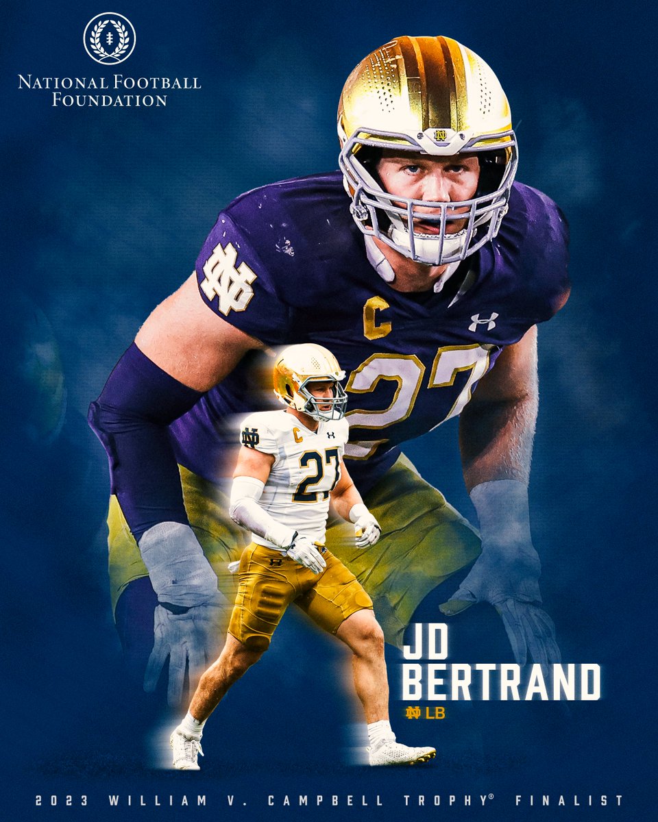 Congratulations to @NDFootball JD Bertrand on being named a William V. Campbell Trophy finalist! Tune in to ESPN+ tonight to see who will be named the 34th William V. Campbell Trophy recipient at 10pm EST | 7pm CST! #CampbellTrophy