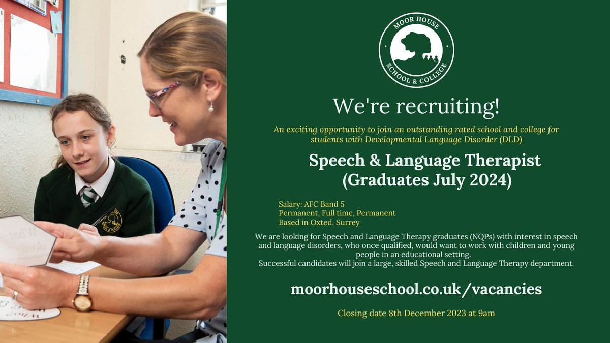 MoorHouseSLCN's tweet photo. We are looking for Speech and Language Therapy graduates (NQPs) with an interest in speech and language disorders, who once qualified, would want to work with children and young people in an educational setting.

https://t.co/ksVkf6lb7X

#jobs #SLT https://t.co/v3cwuPuHwS