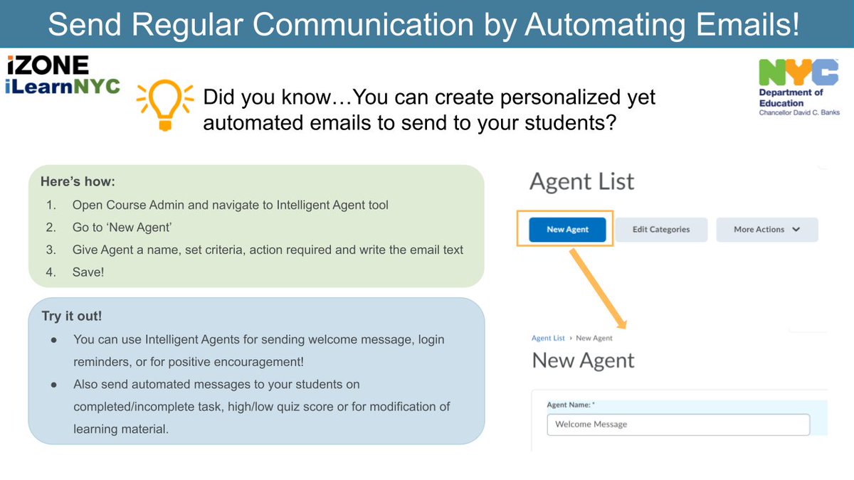 Send personalized yet automated messages to your students by using Intelligent Agents in iLearnNYC! Just set the criteria once &amp; let Intelligent Agents do the rest of the work for you! #nycdoepd #ilearnnyc #ilearnnycpd #nycdoepd #nycschoolstech