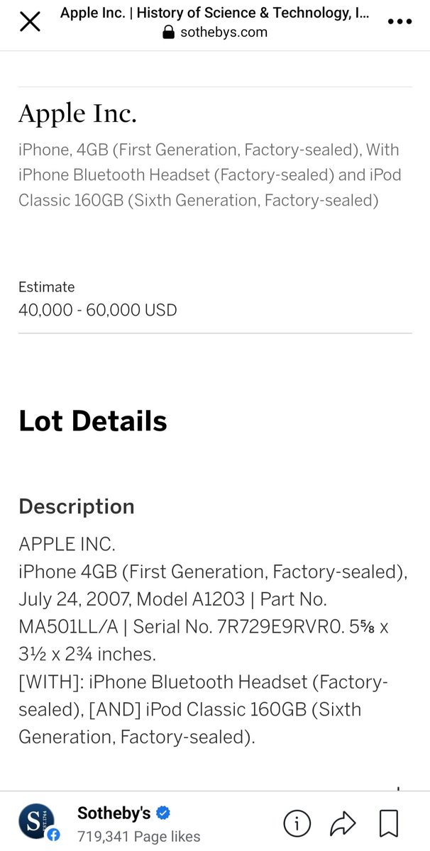 First generation #iPhone #4 auction on #Sotheby with estimated pricing for USD $40k - $60k.