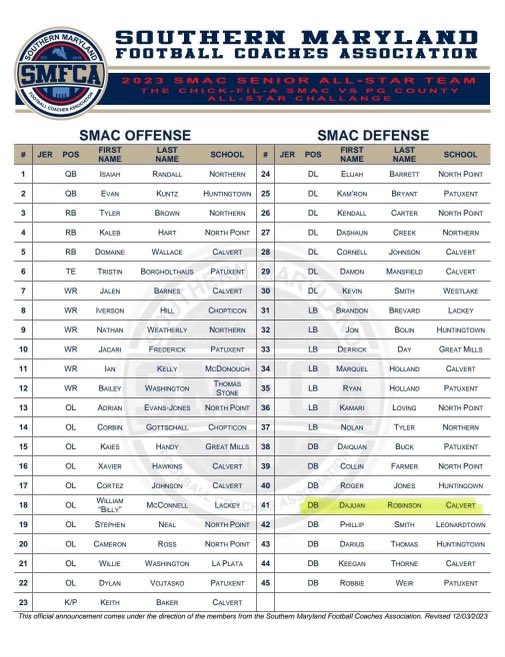 Honored &amp; Blessed To Be Selected 1st Team All-Conference Athlete &amp; Making The 23/24 <a href="/SMAC_Football/">SMAC Football</a> All-Star Game‼️🤍💙💛 <a href="/CalvertFootball/">Calvert Football</a> #8Ball #QB1 #Athlete #ClassOf2024 <a href="/TalkingSMAC1/">Talking SMAC</a> 

#HighSchoolFootball #HighSchoolRecruits #CollegeRecruits #NCAA #CollegeFootball #Football
