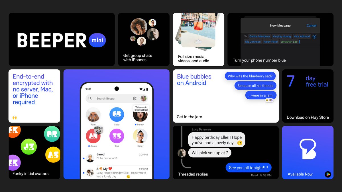 ericmigi's tweet image. Proud to share our new app: Beeper Mini - iMessage client for Android
- Runs locally on your phone (no cloud server in the middle)
- Fully end-to-end encrypted
- New design
Download it now!
play.google.com/store/apps/det…