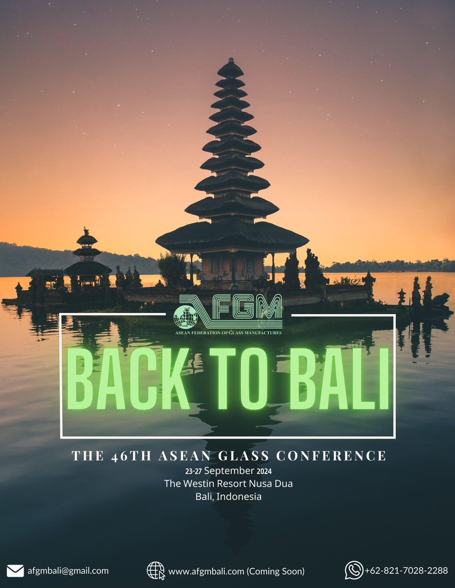 GlassWorldwide's tweet photo. Save the date: the 46th ASEAN Glass Conference will take place on 23-27 September 2024 in Bali, Indonesia.
 
#glassmanufacturing #glassfactory #glass https://t.co/5Ks3Ftvg5b