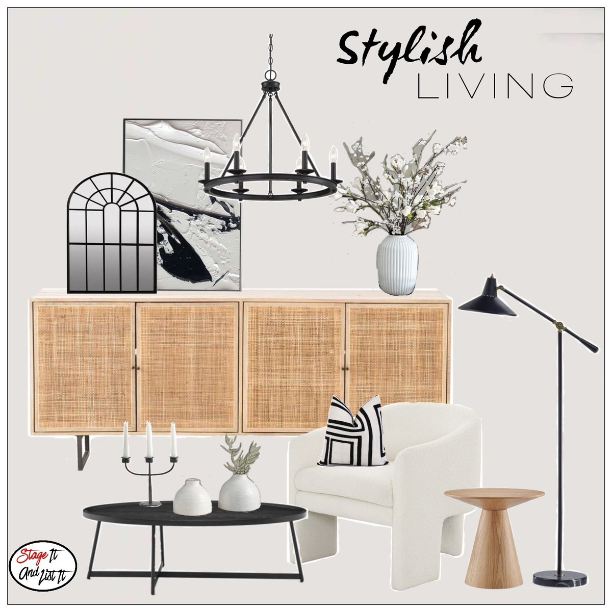 Stylish L I V I N G ✨️. Conceptual Design Board ideas. Styled by @stageitandlistit. 
.
.
#design #interiordesign #decor #decorating #inspirationboard #creatingspaces #foyerdesign #interior #homedecor #architecture #home #interiors #homedesign #interiordesigner #decoration