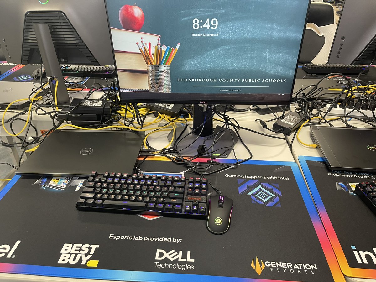 Armwood_CompSci's tweet photo. Thank you again to @intel and our local Brandon @BestBuy along with @JoinGenEsports and @Dell for the equipment. Now time to upgrade the furniture. Cable management is much needed.  😂. @HillsboroughSch @ArmwoodCTE @Armwood_HS @ArmwoodAcademy @HCPSCTAE https://t.co/Zw49gWjONh